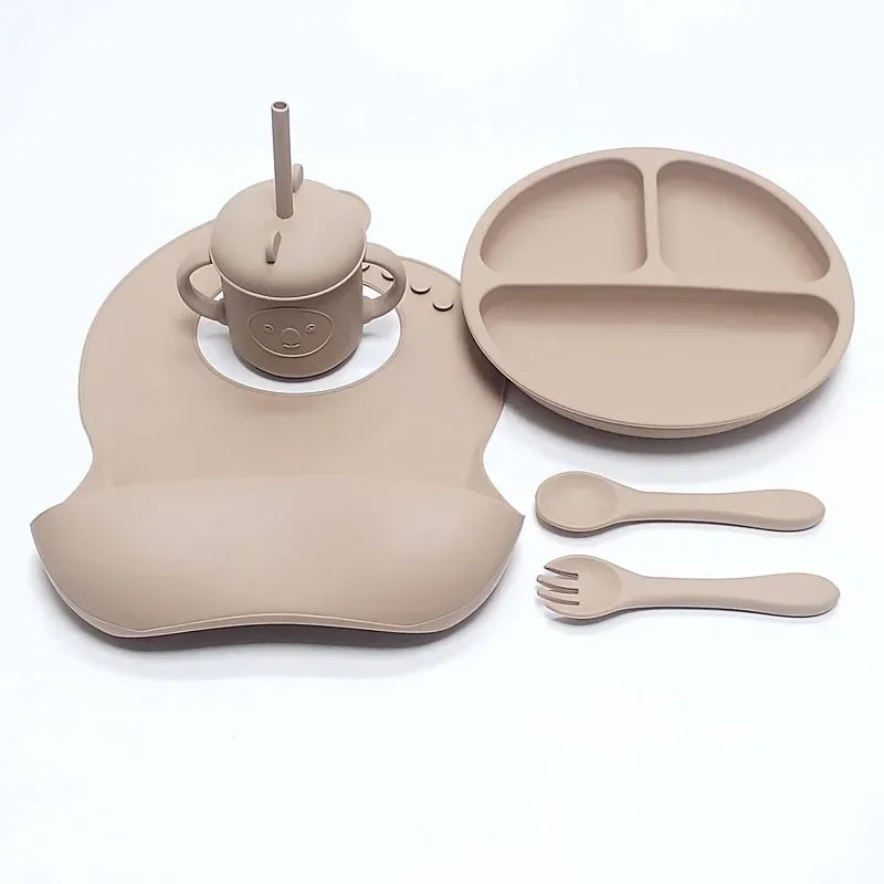 High-Quality Silicone Tableware Set for Babies - 5 pcs in Brown