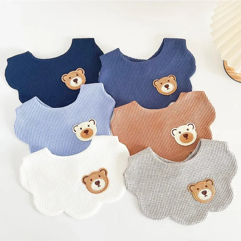 Cartoon Bear Newborn Baby Bib in Blue Brown, White, and Grey