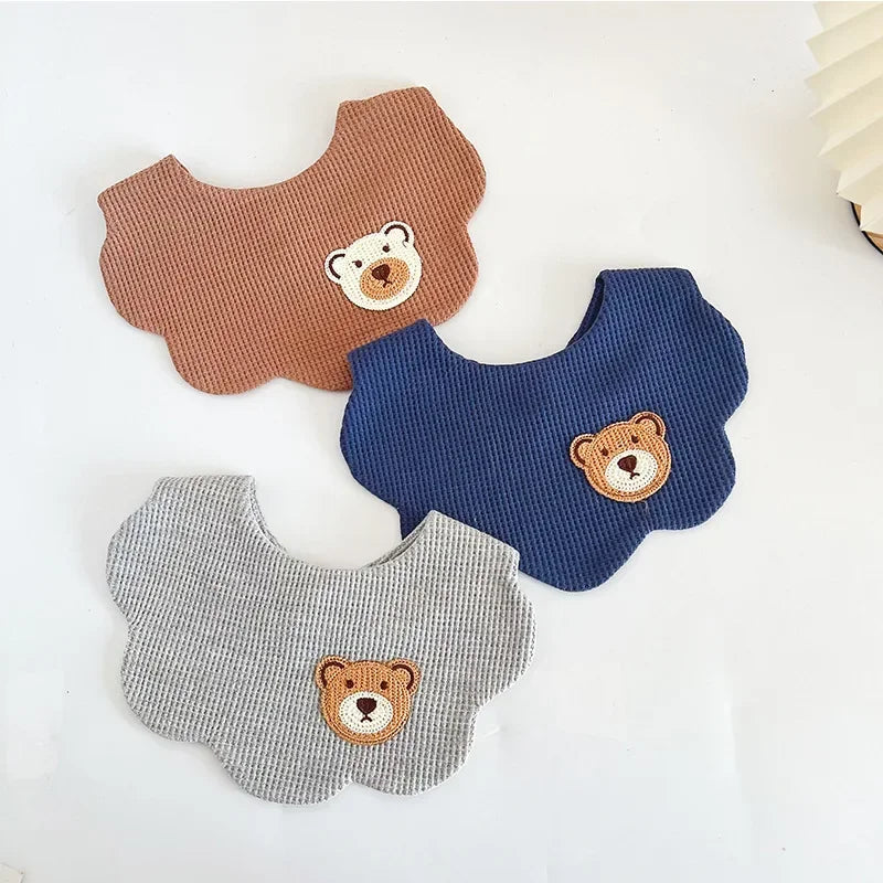 Cartoon Bear Newborn Baby Bib in Brown, Blue, and Grey