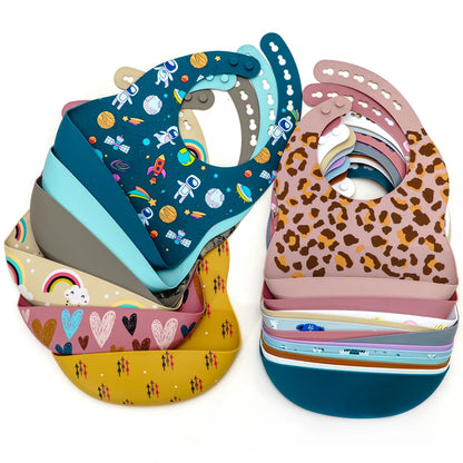 Cartoon Printed Waterproof Soft Silicone Bibs in Multiple Colors