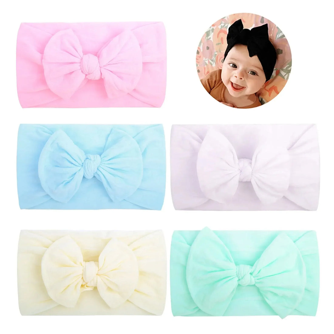  Baby Girls Nylon Bow Headbands in Blue, White, Yellow, Black, and Pink