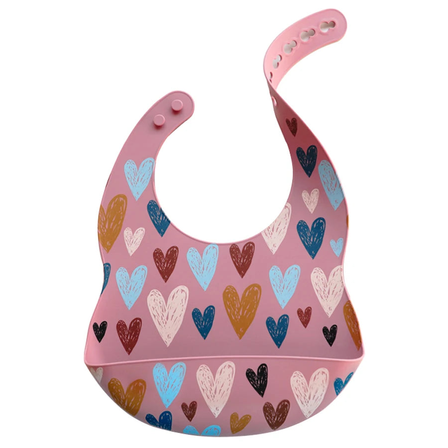 Cartoon Printed Waterproof Soft Silicone Bibs in Heart Print