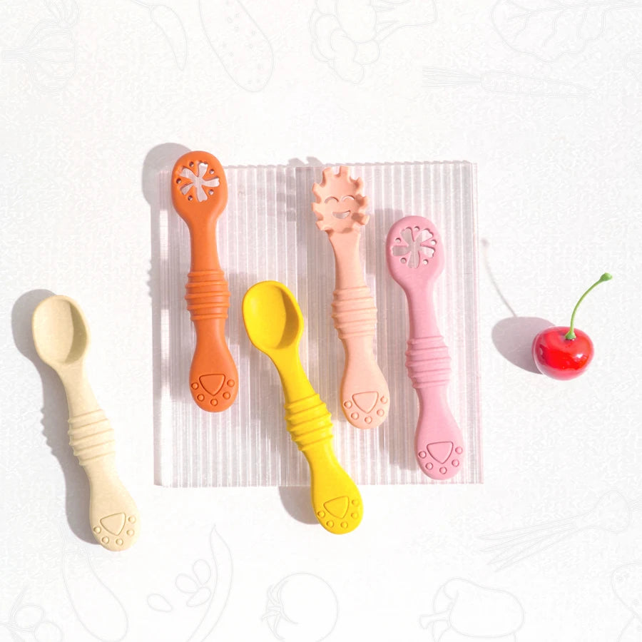 Baby Silicone Spoons Set - 3 Pack in Beige , Orange, Yellow, and Pink