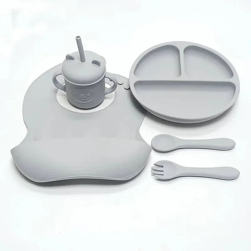 High-Quality Silicone Tableware Set for Babies - 5 pcs in Grey