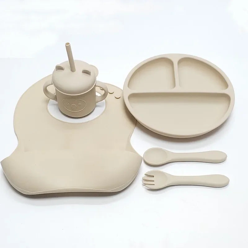 High-Quality Silicone Tableware Set for Babies - 5 pcs in Beige