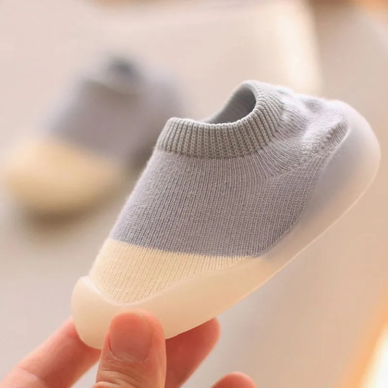 Baby Soft Sole Sock Shoes in Grey and White