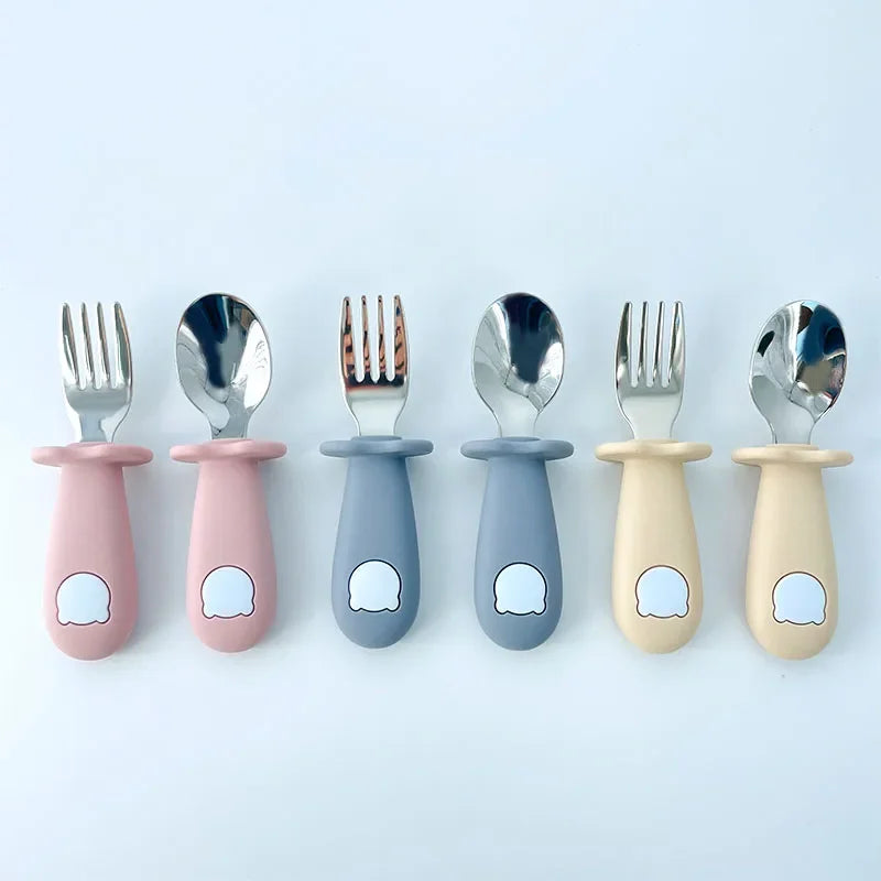 Premium Cartoon Baby Steel Utensil Set in Pink, Blue, and Beige