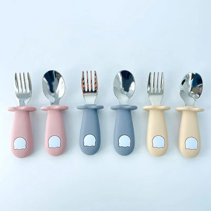 Premium Cartoon Baby Steel Utensil Set in Pink, Blue, and Beige