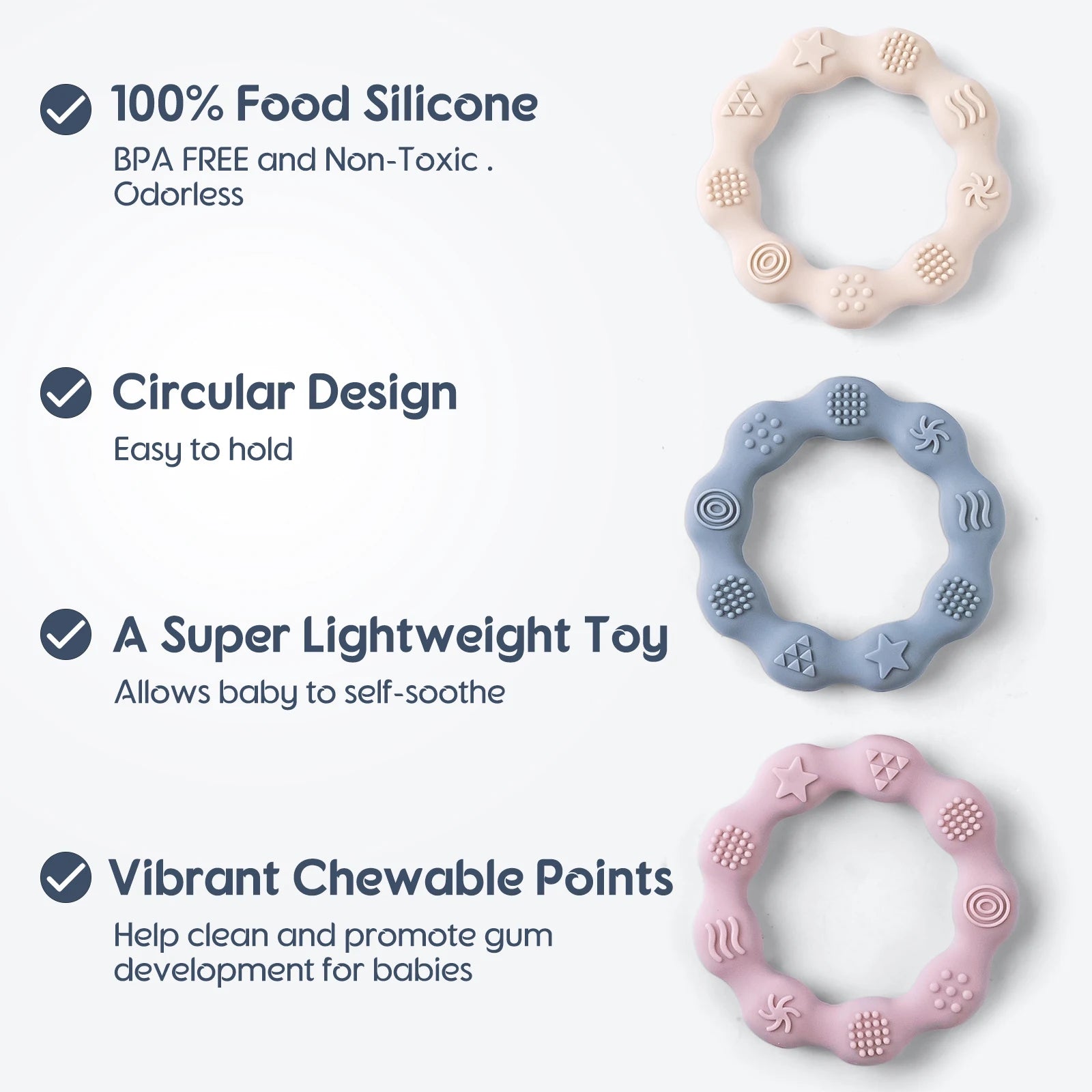 Safe Baby Silicone Teether in Beige, Blue, and Pink