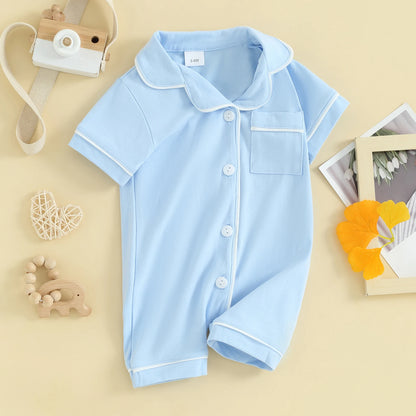 Baby Toddler Short Sleeve Lapel Neck Romper Pajamas in Blue