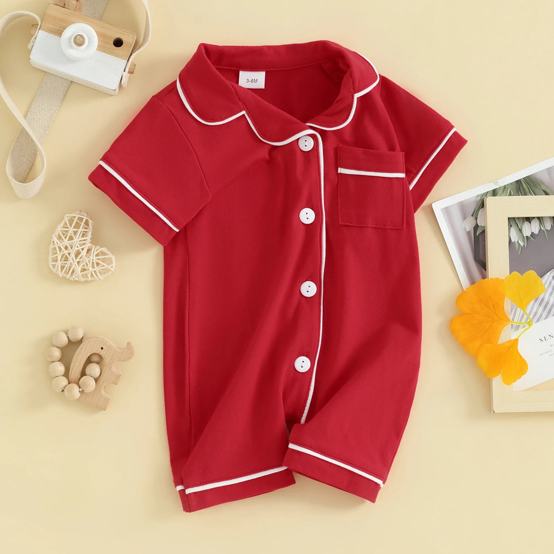 Baby Toddler Short Sleeve Lapel Neck Romper Pajamas in Red