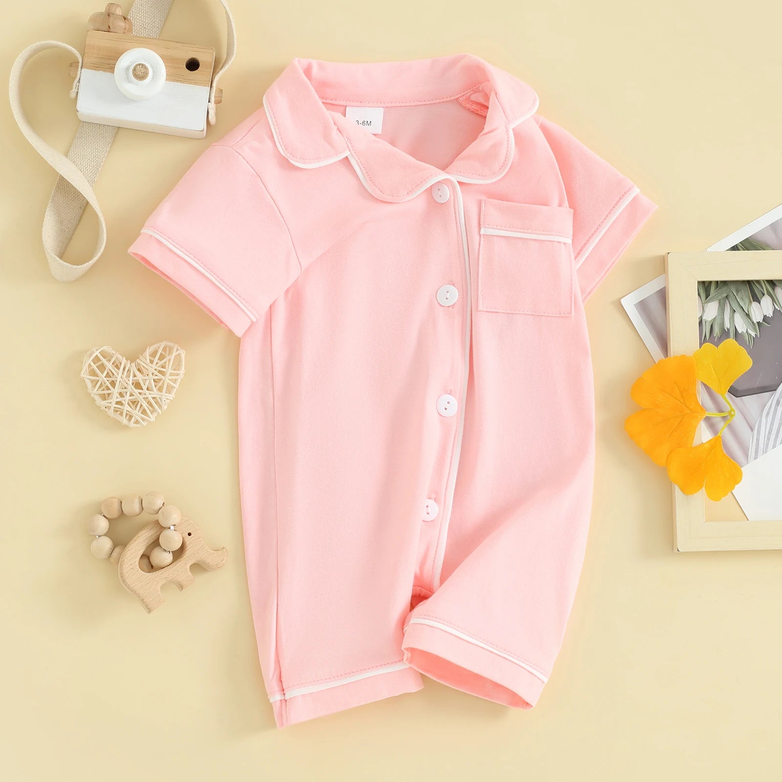 Baby Toddler Short Sleeve Lapel Neck Romper Pajamas in Pink