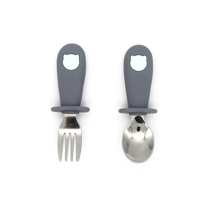 Premium Cartoon Baby Steel Utensil Set in Grey