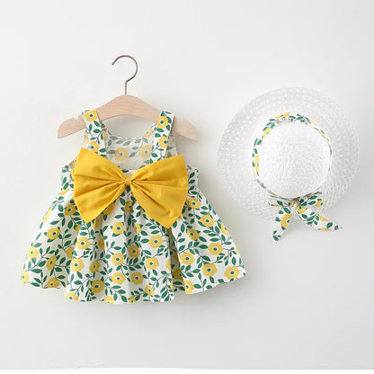 Floral Print Newborn Dress in Yellow and Green