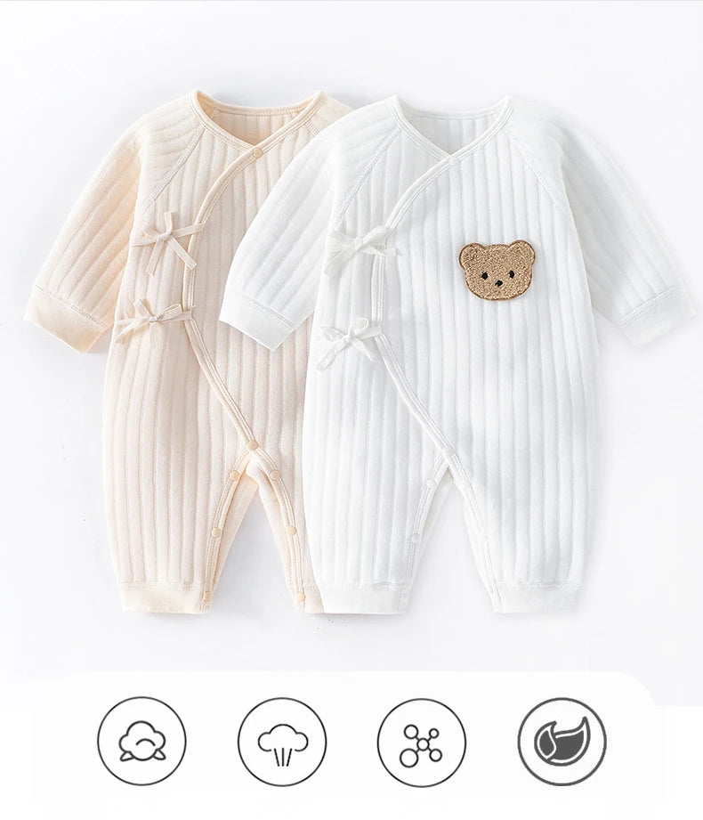 Organic cotton newborn romper in beige and white