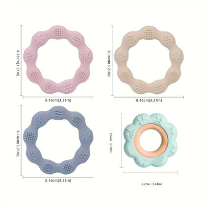 Safe Baby Silicone Teether in Pink, Beige, and Blue