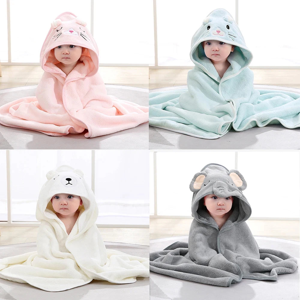 Organic Cartoon Hooded Baby Bathrobe Soft Towel in Pink  Blue ,Beige, and Grey