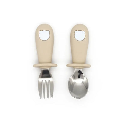 Premium cartoon baby steel utensil set in beige