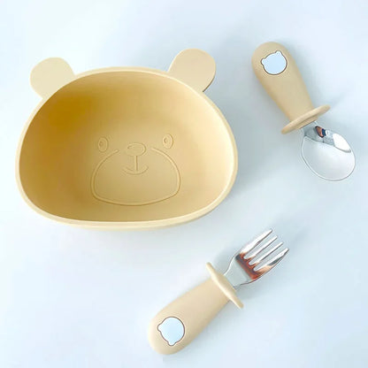 Premium Cartoon Baby Steel Utensil Set in Beige