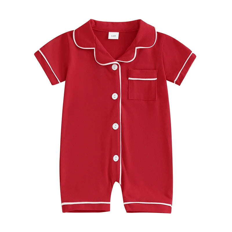 Baby Toddler Short Sleeve Lapel Neck Romper Pajamas in Red