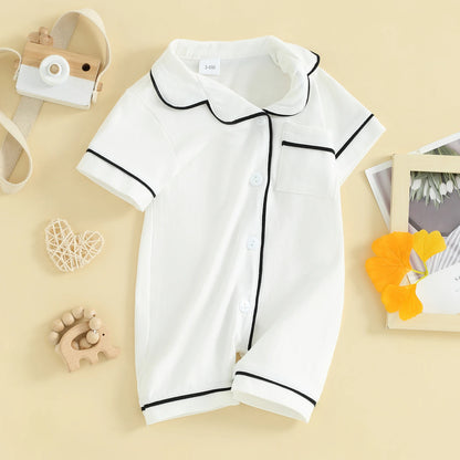 Baby Toddler Short Sleeve Lapel Neck Romper Pajamas in White