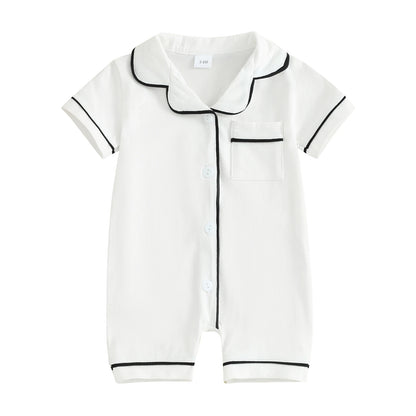 Baby Toddler Short Sleeve Lapel Neck Romper Pajamas in White