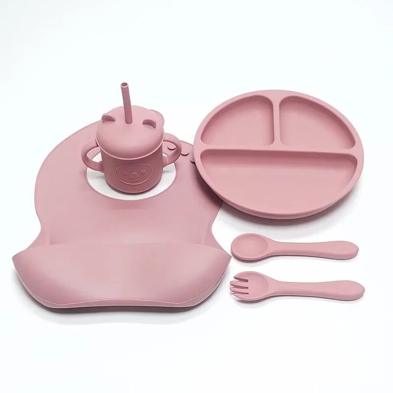 High-Quality Silicone Tableware Set for Babies - 5 pcs in Pink