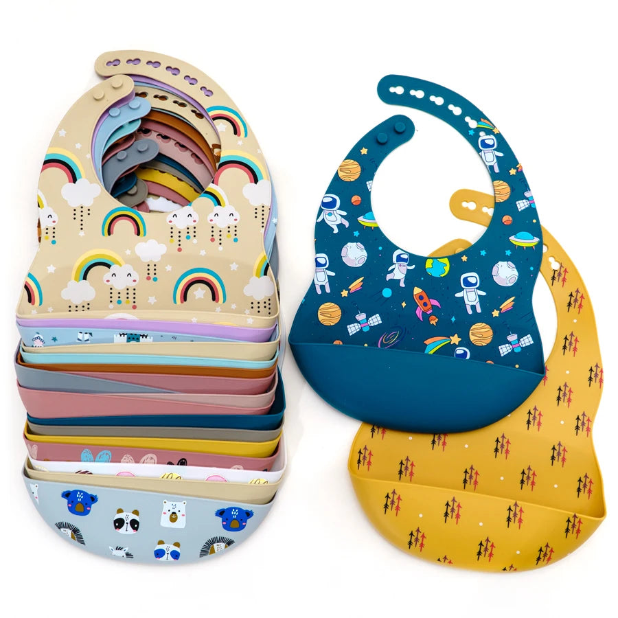 Cartoon Printed Waterproof Soft Silicone Bibs in Multiple Colors