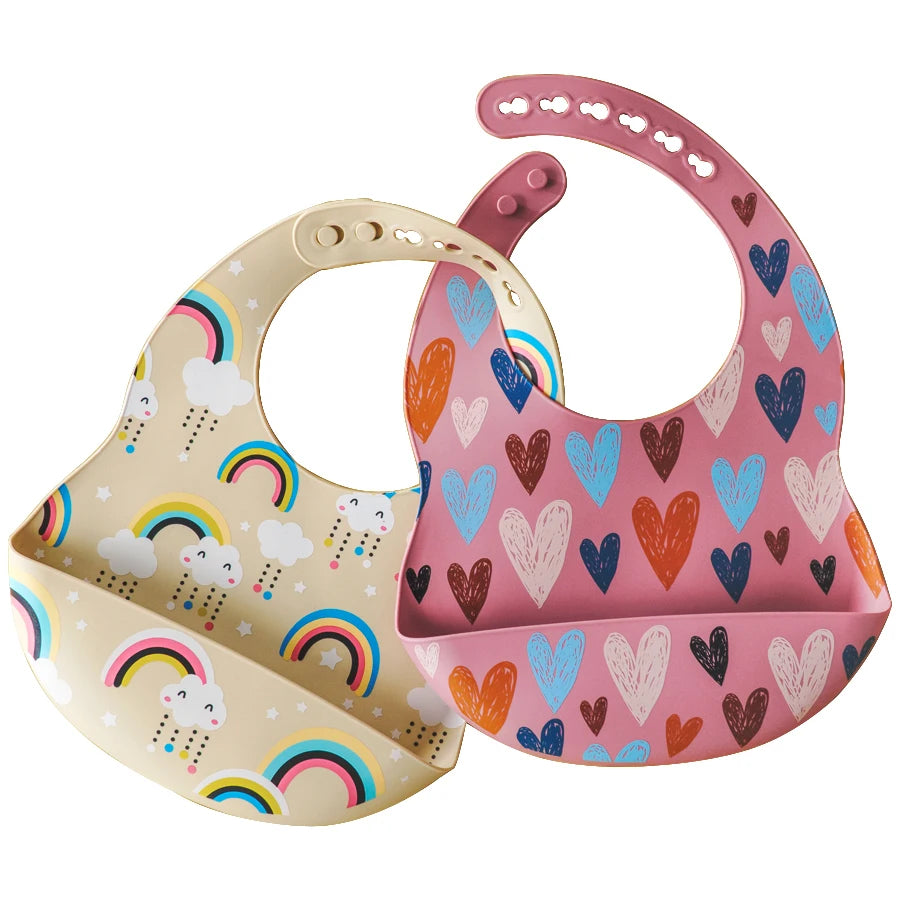 Cartoon Printed Waterproof Soft Silicone Bibs in Rainbow and Heart Print