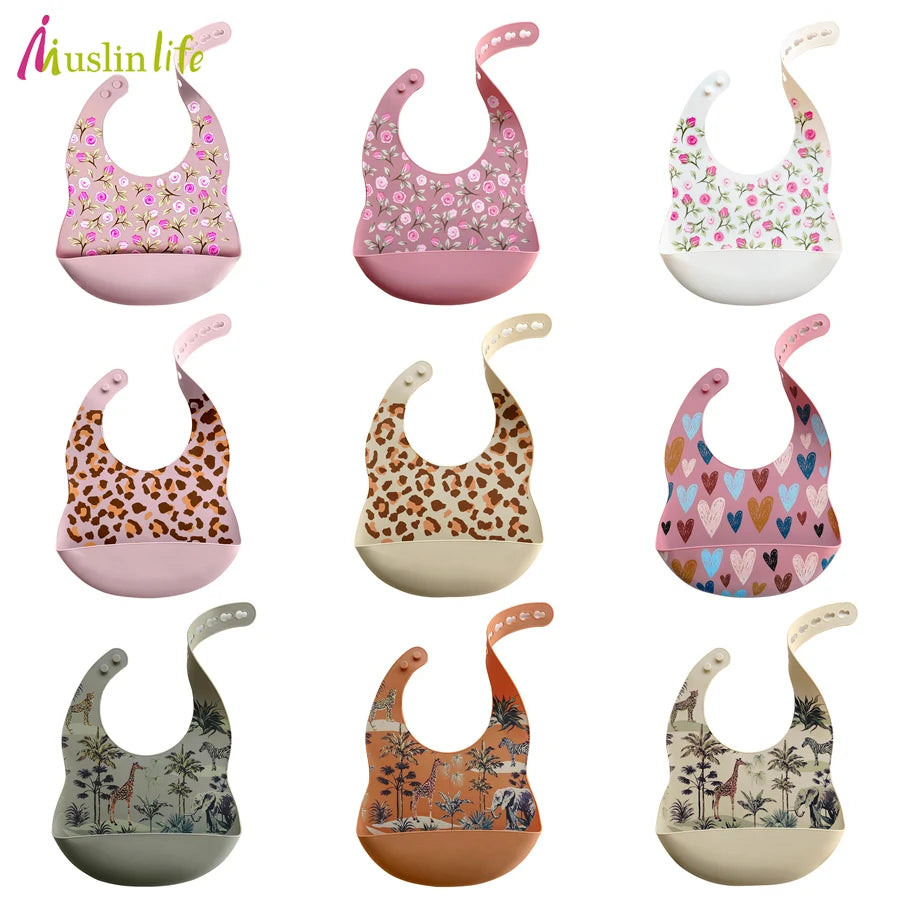 Cartoon Printed Waterproof Soft Silicone Baby Bibs in Multiple Colors