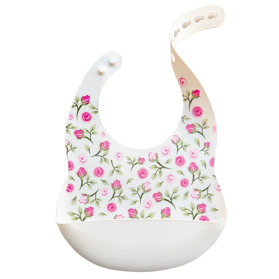 Cartoon Printed Waterproof Soft Silicone Bibs in Floral Flower Print