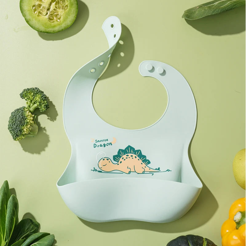 Waterproof Silicone Cartoon Animal Baby Bib in Green