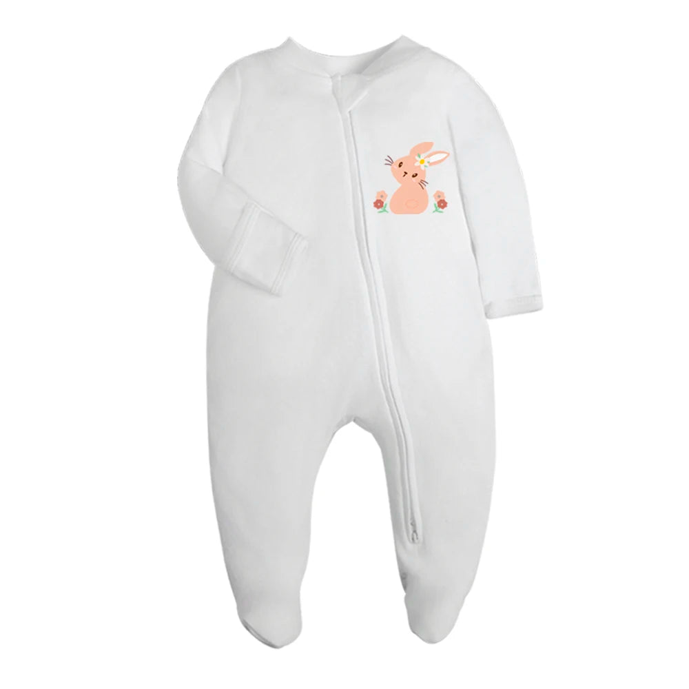 Organic Baby Cotton Footed Pajamas in White and Rabbit Print